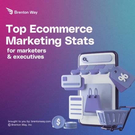 Brenton Way blog cover graphic titled 'Top Ecommerce Marketing Stats for marketers & executives,' with 3D illustrations of a phone storefront, shopping cart and discount tags.