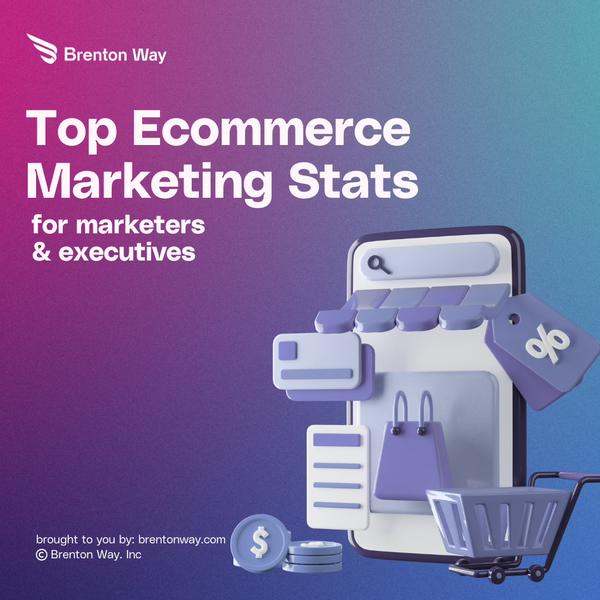 Brenton Way blog cover graphic titled 'Top Ecommerce Marketing Stats for marketers & executives,' with 3D illustrations of a phone storefront, shopping cart and discount tags.