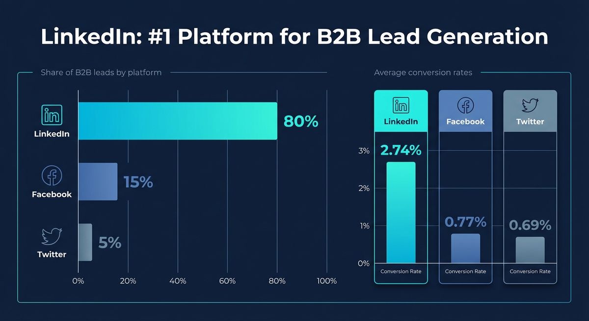 Infographic comparing B2B lead generation across social platforms showing LinkedIn at 80% of all B2B social leads with a 2.74% visitor-to-lead conversion rate versus Facebook at 0.77% and Twitter at 0.69%