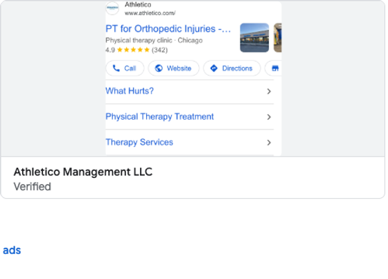 Google search ad preview showing high-intent physical therapy treatment queries for Athletico