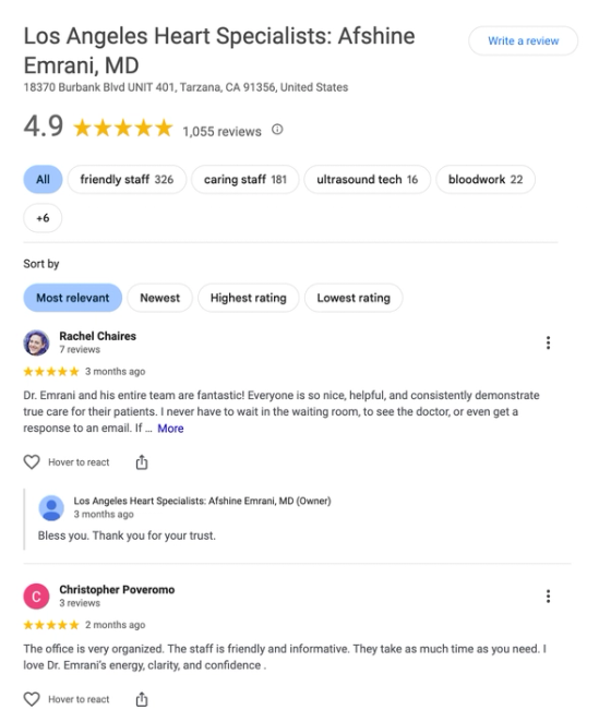 Transparent Reporting for cardiology ppc - Google reviews for Los Angeles Heart Specialists