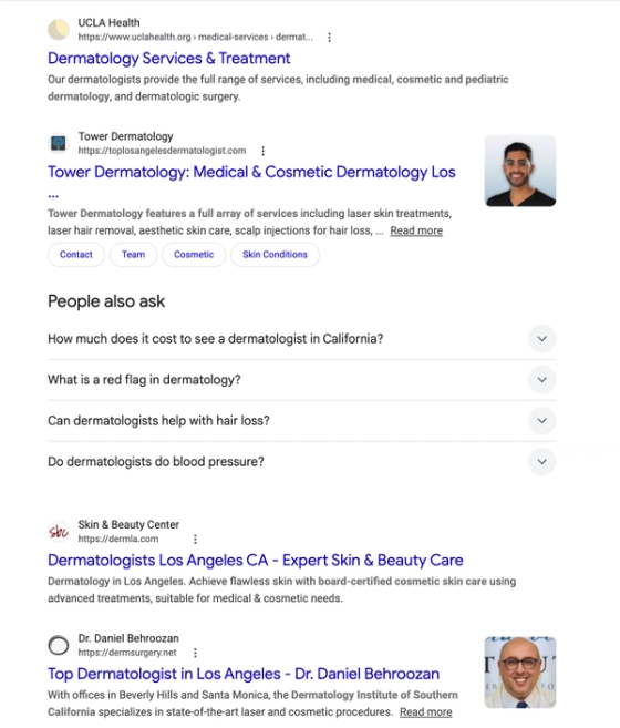 Google search results for dermatology services including organic listings and People Also Ask