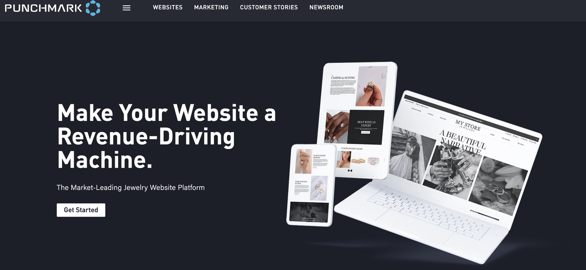 Punchmark website showing jewelry store layouts across desktop and mobile.