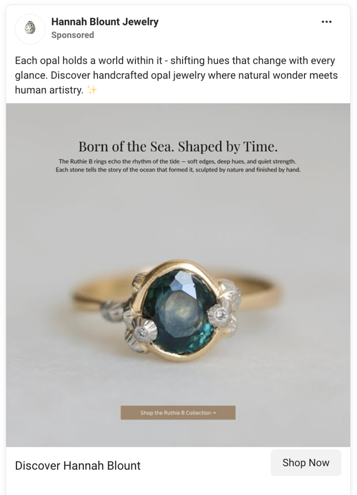 "Born of the Sea. Shaped by Time." — Ruthie B. ring editorial ad