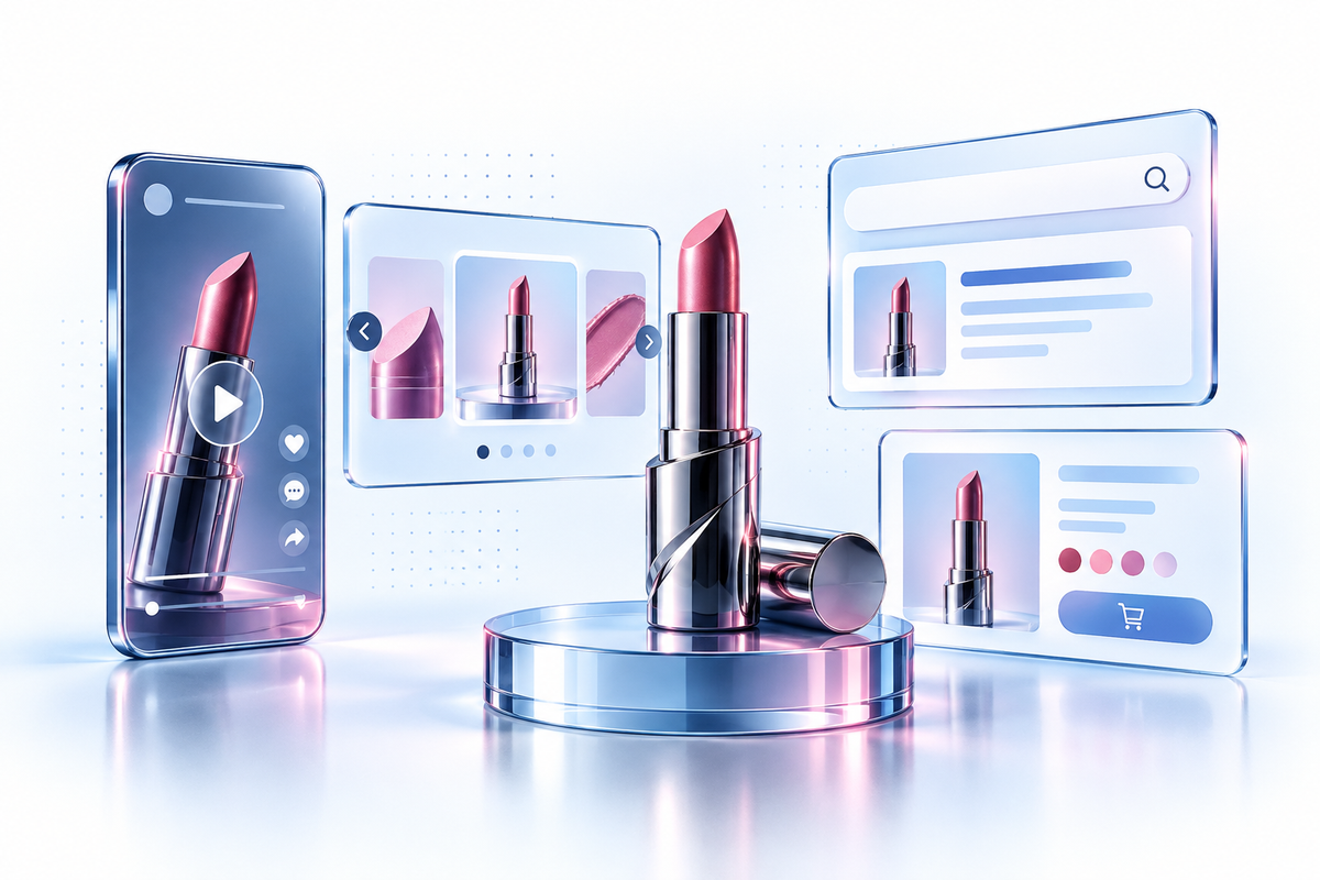 Illustration of a chrome lipstick surrounded by short-video, carousel, search, and shopping ad formats.