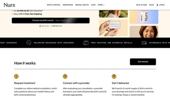 Nurx three-step intake path: request treatment, connect with a provider, and get medication delivered
