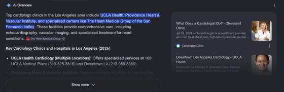 Keyword Research for cardiology digital marketing - Dark-mode Google AI Overview for cardiology clinics