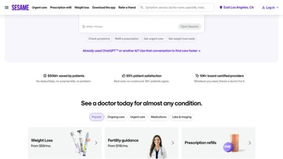 Sesame care discovery interface grouping telehealth options by symptoms, ongoing care, urgent care, medications, and labs