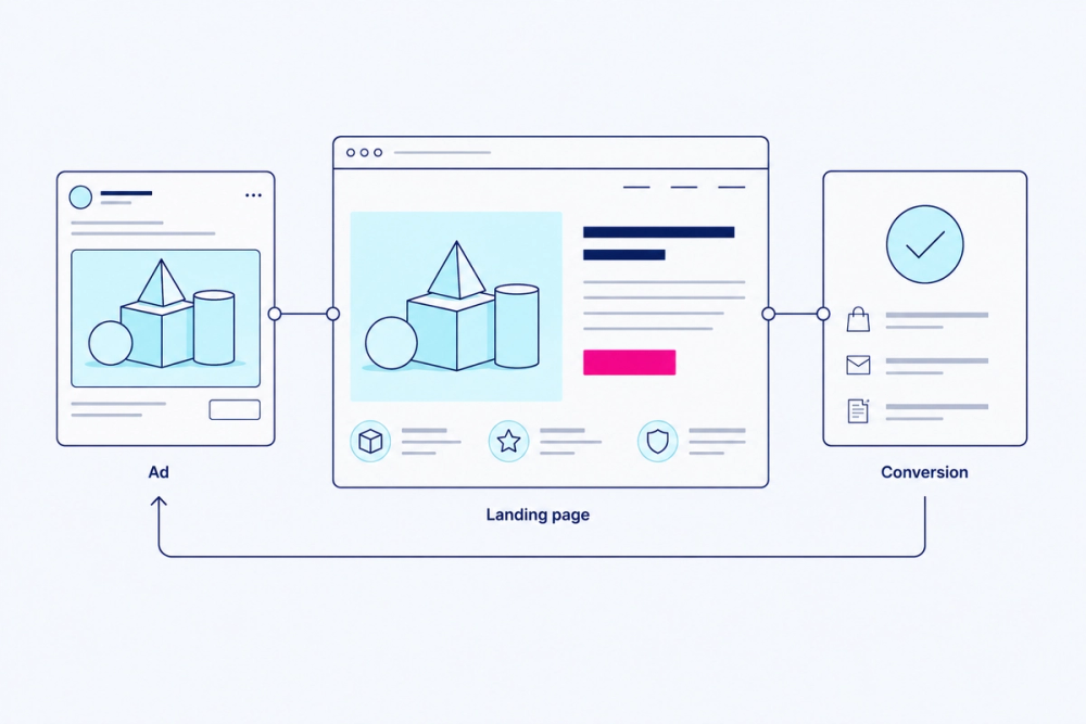 An ad connects to a matching landing page and conversion, with feedback returning to the ad.