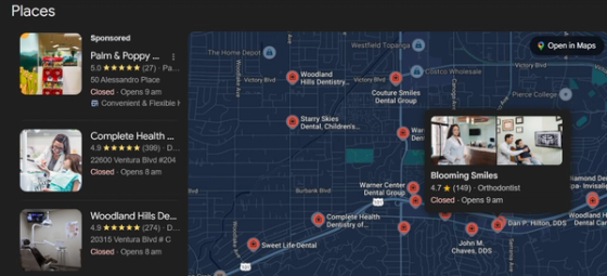 Google Maps local pack showing nearby dental practices