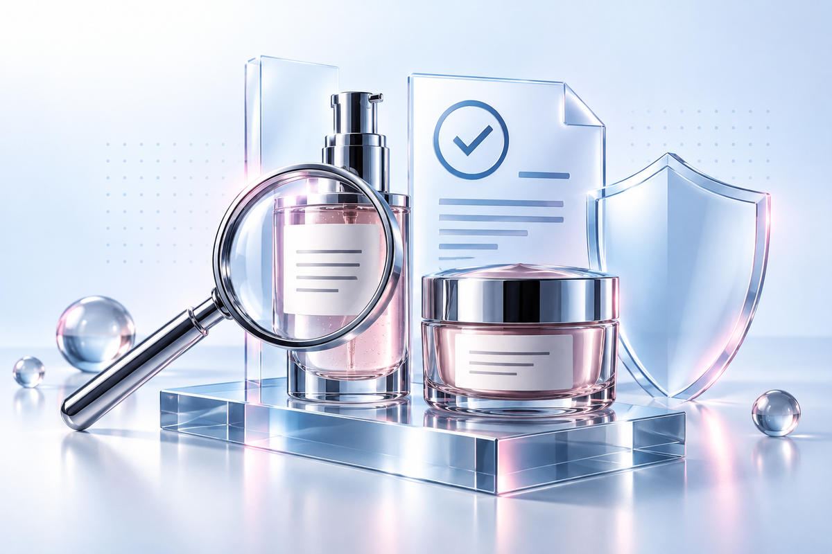 Illustration of cosmetics claims review with a serum bottle, jar, magnifying glass, evidence document, and protective shield.