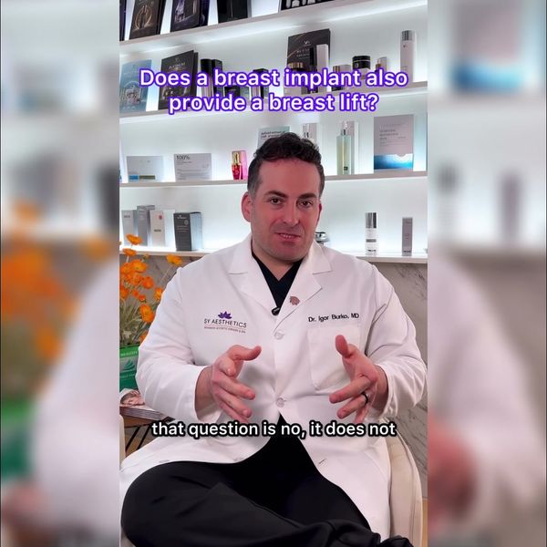 Dr. Igor Burko in the SY Aesthetics breast video ad answering “Does a breast implant also provide a breast lift?”