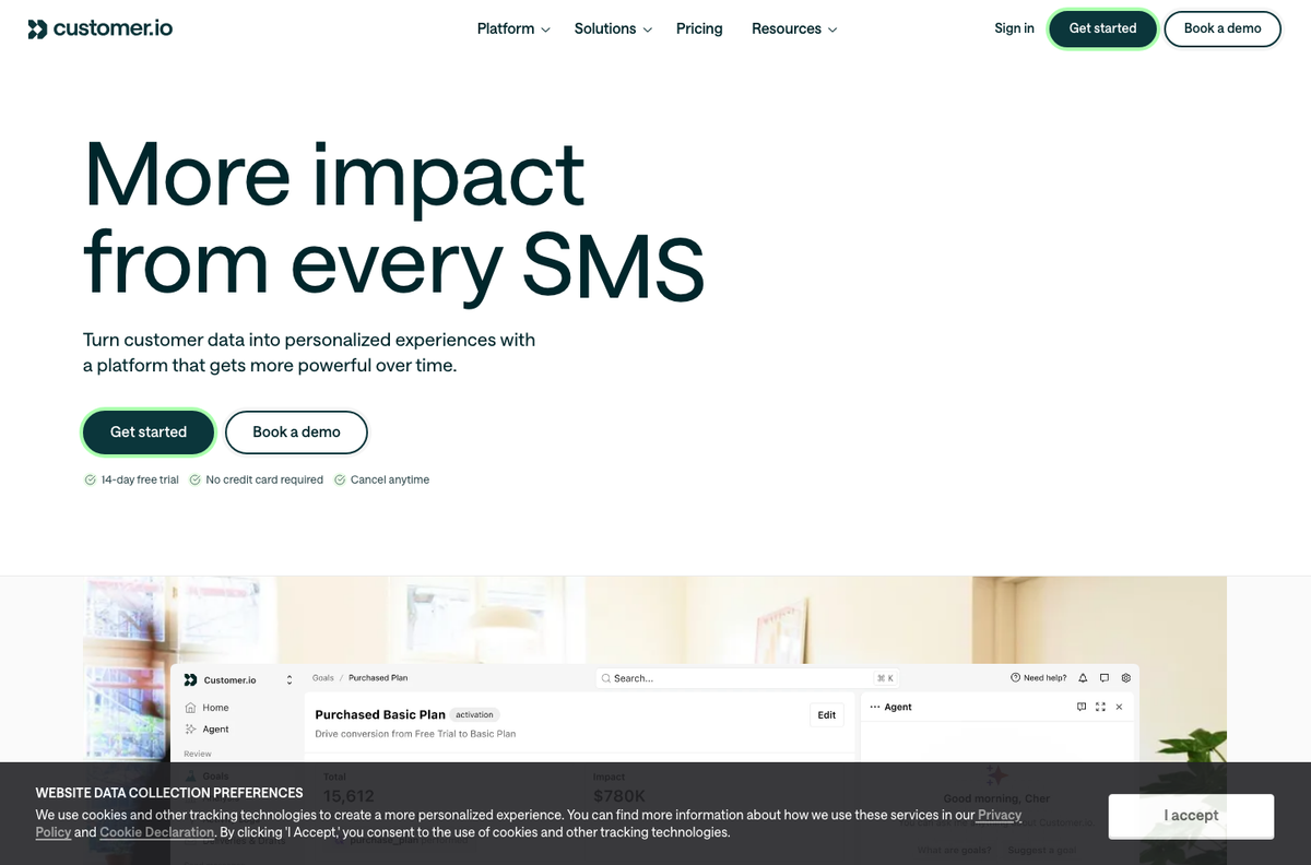 Customer.io homepage screenshot showing the product website interface.