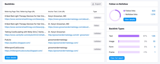 Semrush backlink profile showing referring pages, follow vs nofollow ratio, and backlink types for a dermatology site