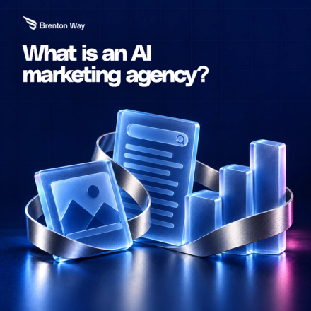 Glass creative, search, and analytics elements joined by a chrome ribbon on a Brenton Way blog cover.
