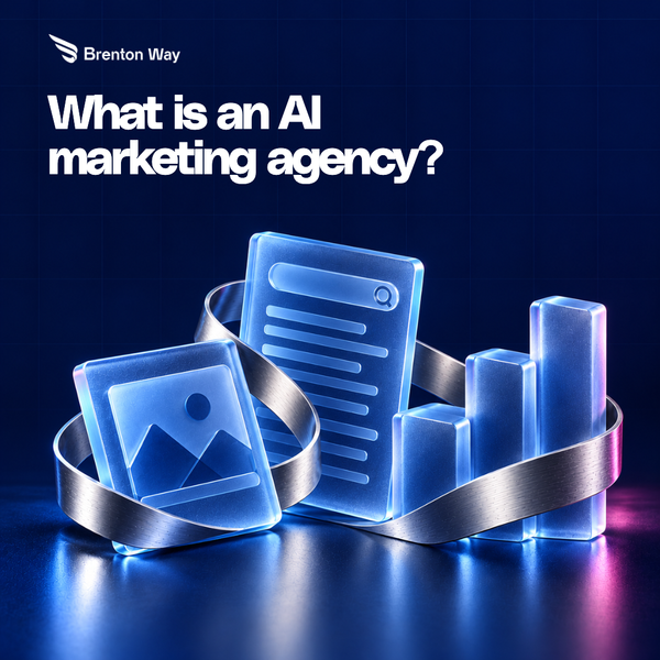 Glass creative, search, and analytics elements joined by a chrome ribbon on a Brenton Way blog cover.