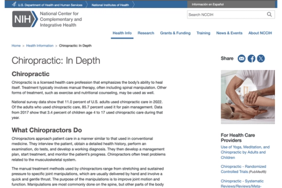 National Institutes of Health chiropractic article showing authoritative patient education content