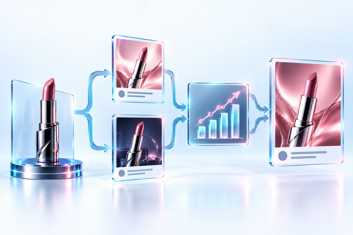 Illustration of a cosmetics campaign testing loop from two ad concepts through performance analysis to a refined creative.