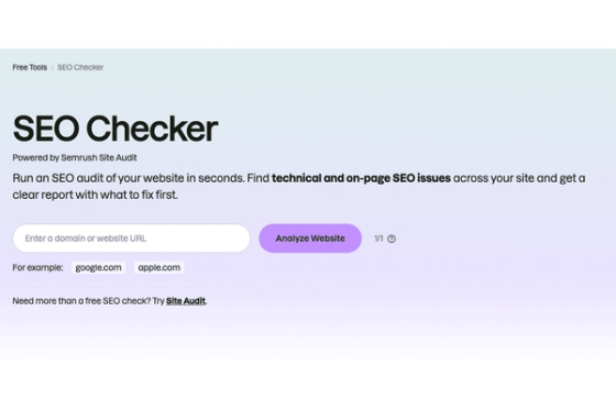 Semrush SEO Checker showing a website audit tool for technical and on-page SEO issues