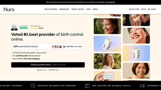 Nurx birth control page showing patient reviews, prescription volume, provider messaging, free shipping, and a clear treatment CTA