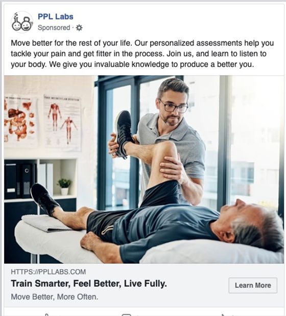 Facebook sponsored ad for a physical therapy clinic with patient imagery and Learn More CTA