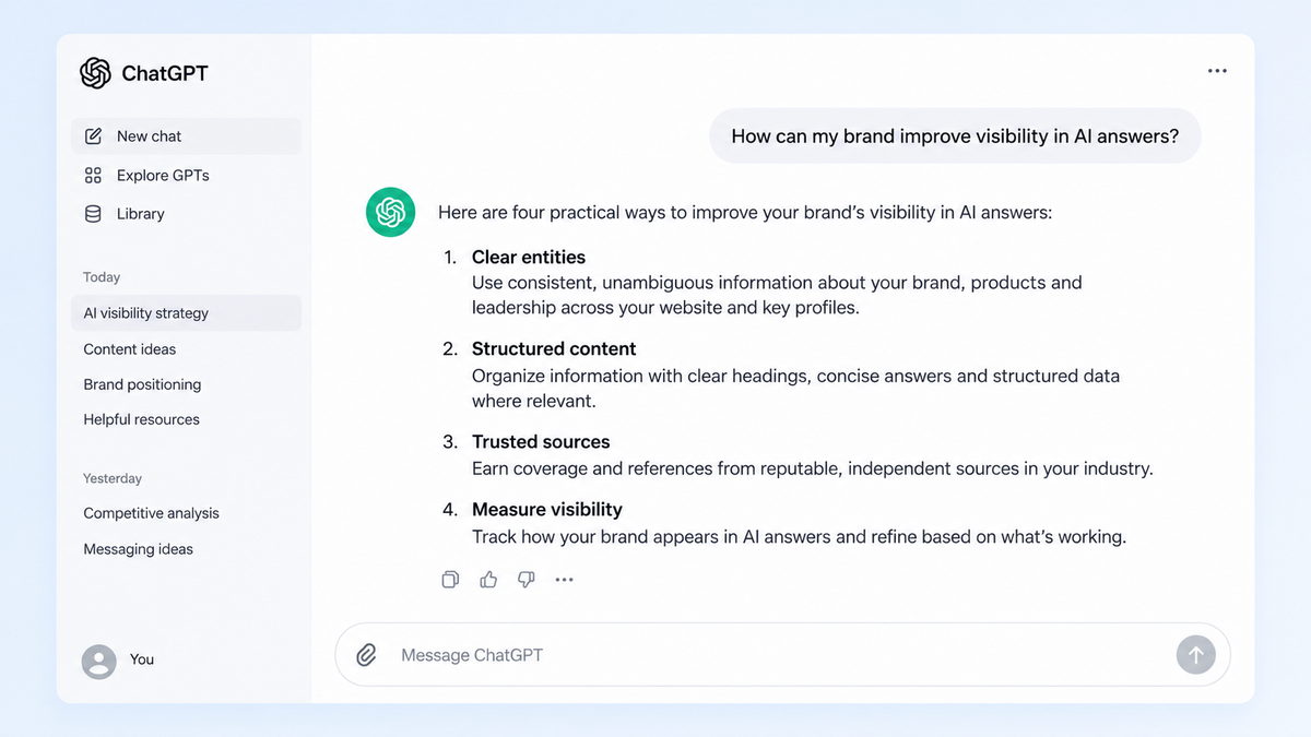 ChatGPT conversation about improving brand visibility in AI answers