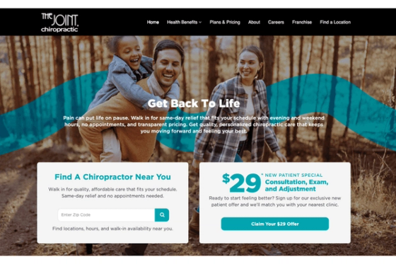 The Joint Chiropractic service page showing patient-focused content and appointment calls to action