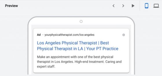 Google Ads mobile preview for a physical therapy clinic showing ad headline and description