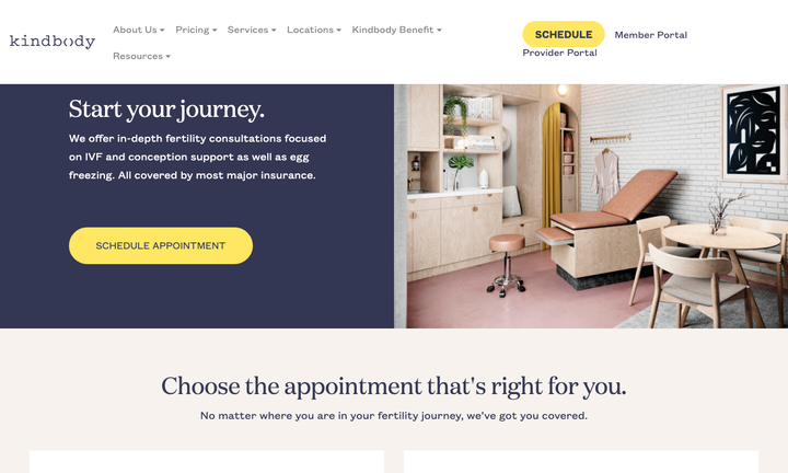 Screenshot of Kindbody’s appointment page with a fertility consultation scheduling button