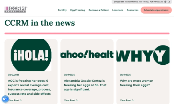 Screenshot of CCRM Fertility’s news page showing external media coverage