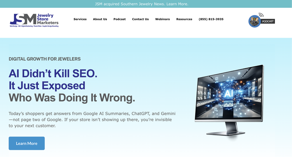 Jewelry Store Marketers website featuring its digital growth services for jewelers.