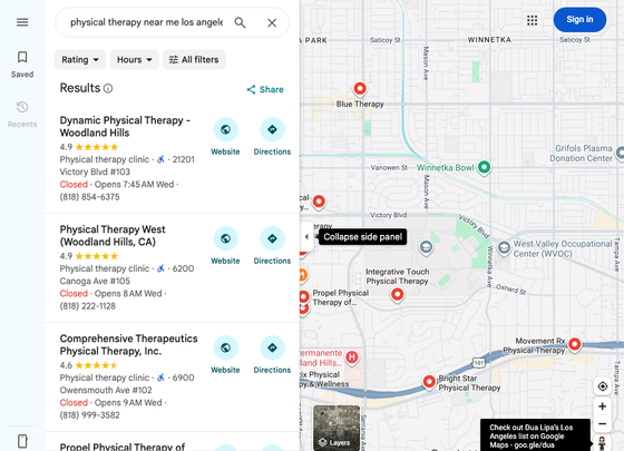 Google Maps results for physical therapy near Los Angeles showing local clinic listings