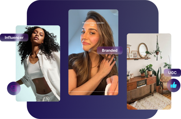 Influencer, branded, and UGC content cards stacked together