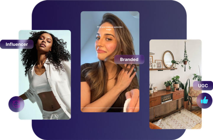 Influencer, branded, and UGC content cards stacked together