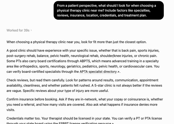 ChatGPT answer explaining how patients evaluate physical therapy clinics by specialty, reviews, insurance, and credentials