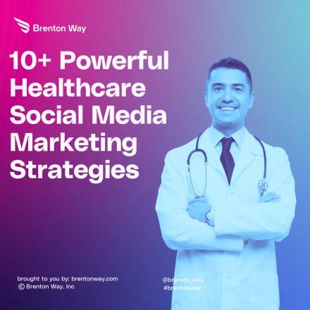 Brenton Way blog cover graphic titled '10+ Powerful Healthcare Social Media Marketing Strategies for Brand Awareness'.