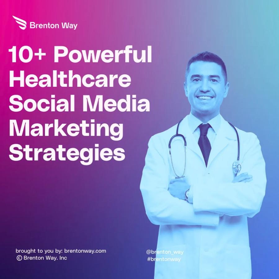 Brenton Way blog cover graphic titled '10+ Powerful Healthcare Social Media Marketing Strategies for Brand Awareness'.