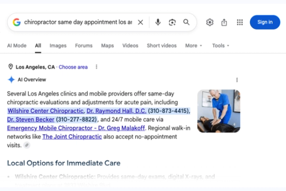 Google Search results for same-day Los Angeles chiropractor appointments showing high-intent return-visit demand
