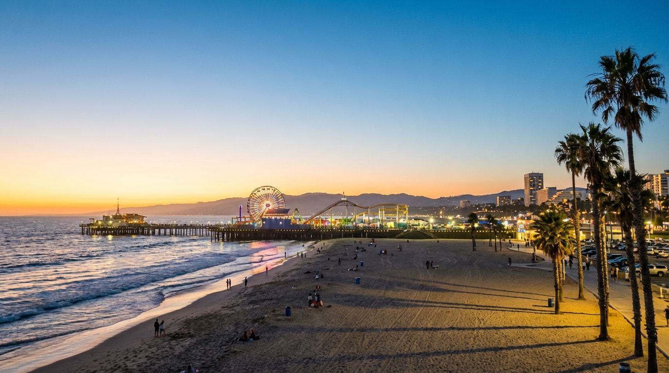 Santa Monica, California — Santa Monica Pier and beachfront at golden hour