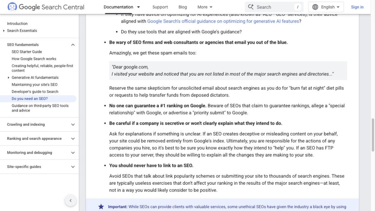 Google Search Central guidance warning that no one can guarantee a number-one ranking on Google.