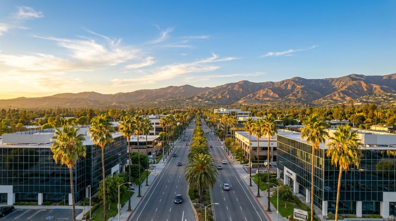 Woodland Hills, California — San Fernando Valley cityscape with Santa Monica Mountains