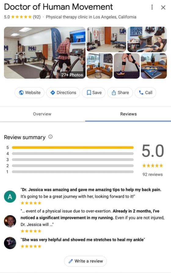 Google Business Profile showing 5-star reviews and patient testimonials for a physical therapy clinic