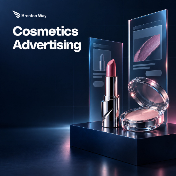 Brenton Way editorial cover for Cosmetics Advertising, featuring a chrome lipstick, compact, and translucent ad-format panels.