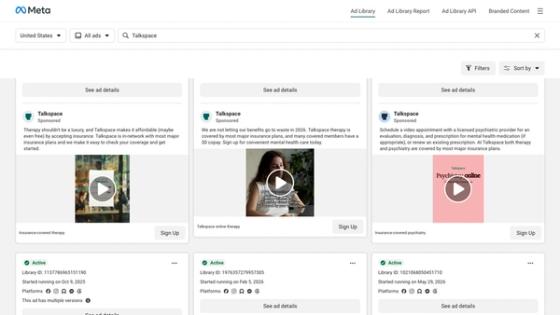 Meta Ad Library results showing multiple active Talkspace creative and offer variants across therapy and psychiatry