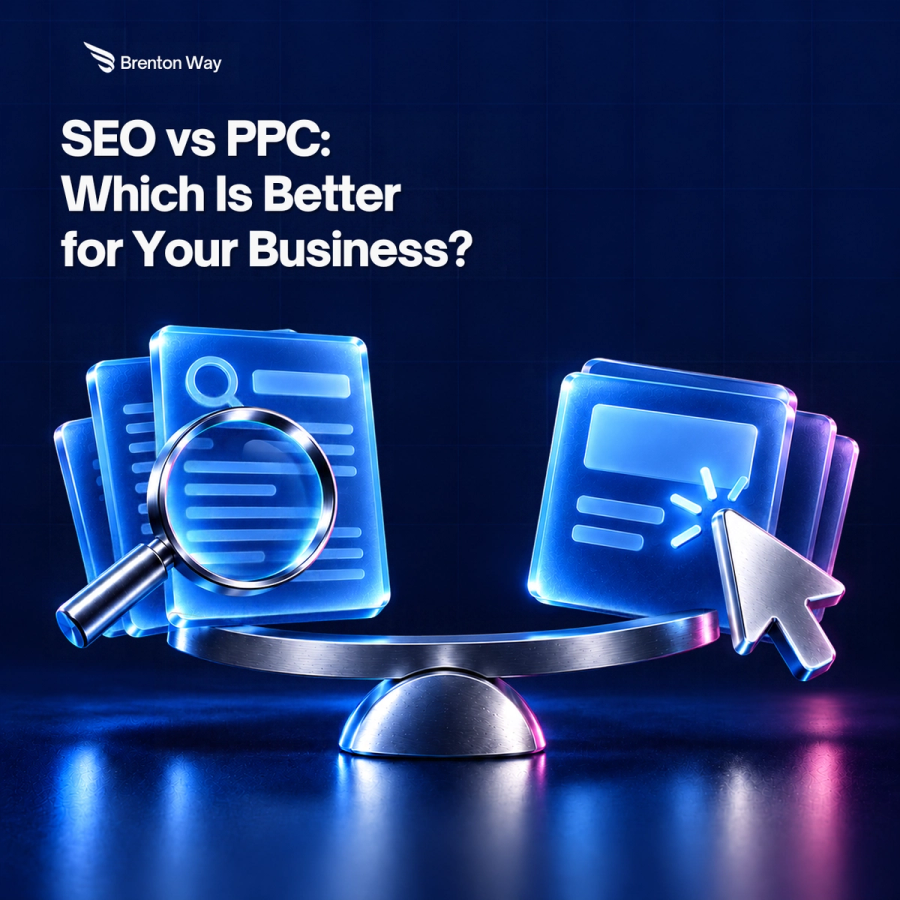 Brenton Way SEO vs PPC cover with blue glass search results, a chrome magnifying glass, a paid-ad tile and cursor balanced on a metallic scale
