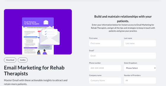 WebPT patient-engagement guide and email capture form for rehabilitation practices