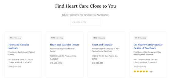 UX Optimization for cardiology digital marketing - Heart care location finder page