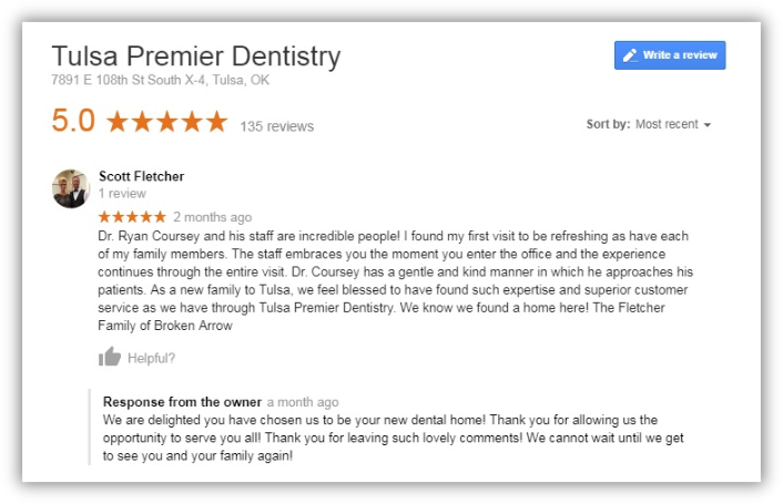 Tulsa Premier Dentistry review and response example