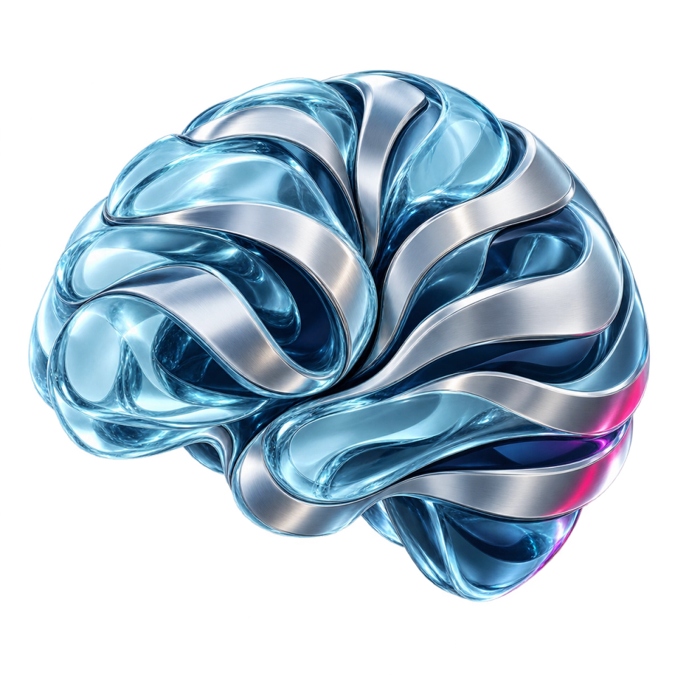 A sculptural glass and chrome brain representing the connected knowledge in ATLAS.