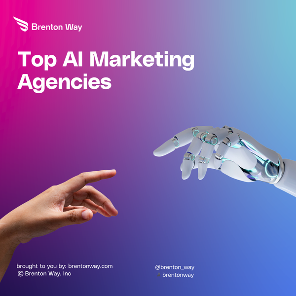 Brenton Way cover graphic for Top AI Marketing Agencies, with a human hand reaching toward a robotic hand